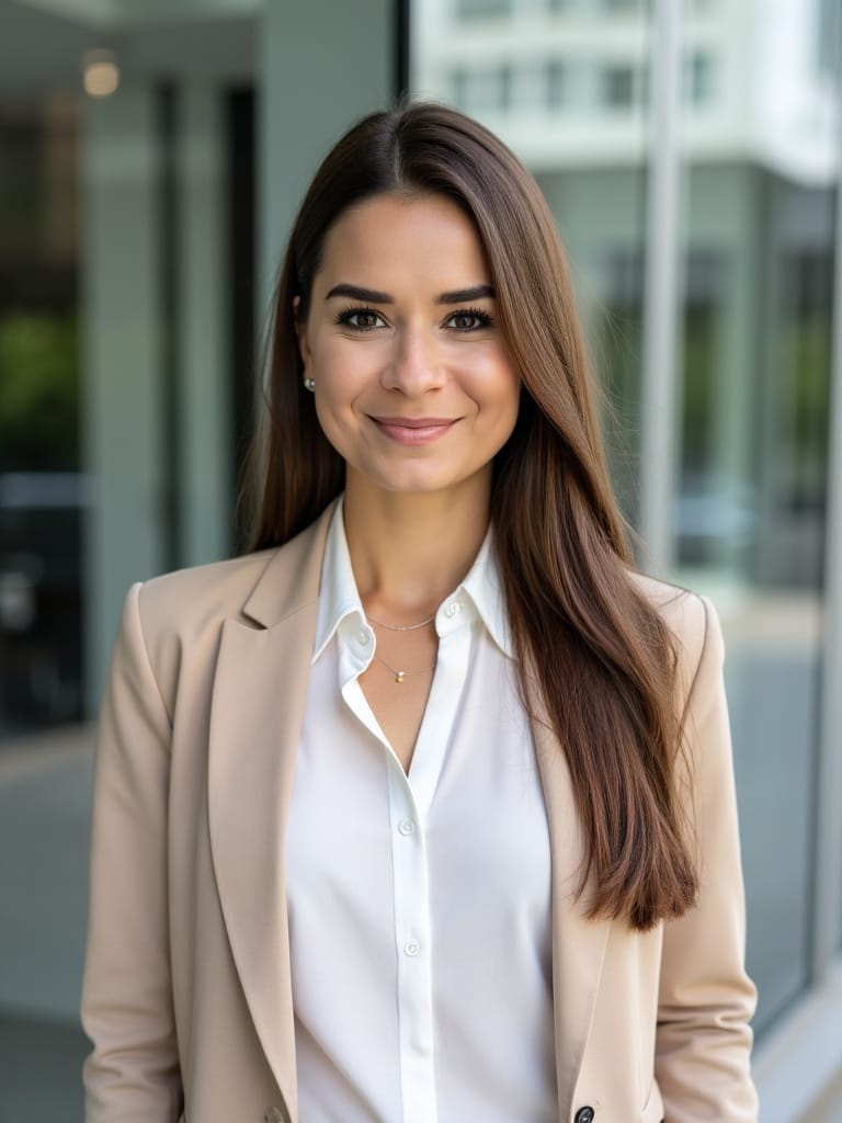 Portret kobiety w beżowej marynarce przed szklanym biurowcem, naturalne światło dnia