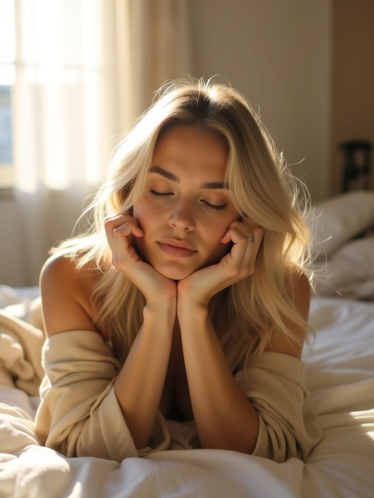Blondynka w beżowym szlafroku opiera twarz na dłoniach podczas sesji intymnej w porannym słońcu.