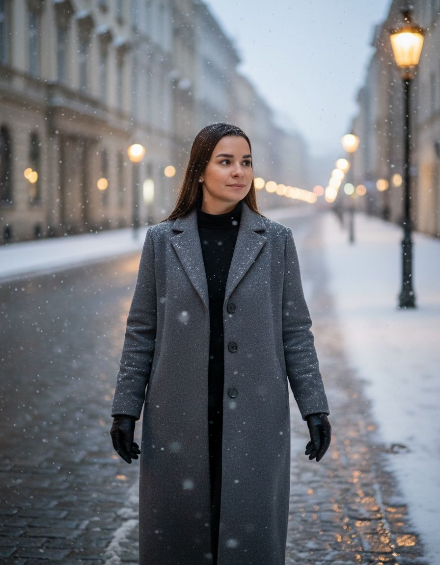 Elegancka szara wełniana płaszczówka i czarne rękawiczki na tle padającego śniegu przy latarniach starego miasta.
