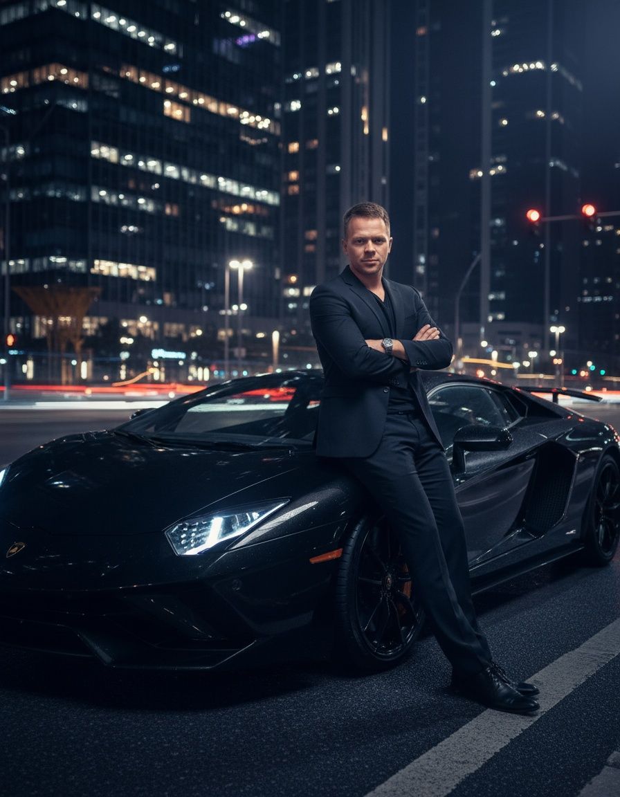Mężczyzna w czarnym garniturze opiera się o sportowe auto na nocnej ulicy podczas sesji męskiej.