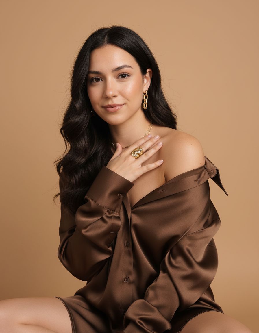 Brunetka w brązowej satynowej koszuli odsłania ramię, złota biżuteria i beżowe tło dodają elegancji sesji fotograficznej akt.