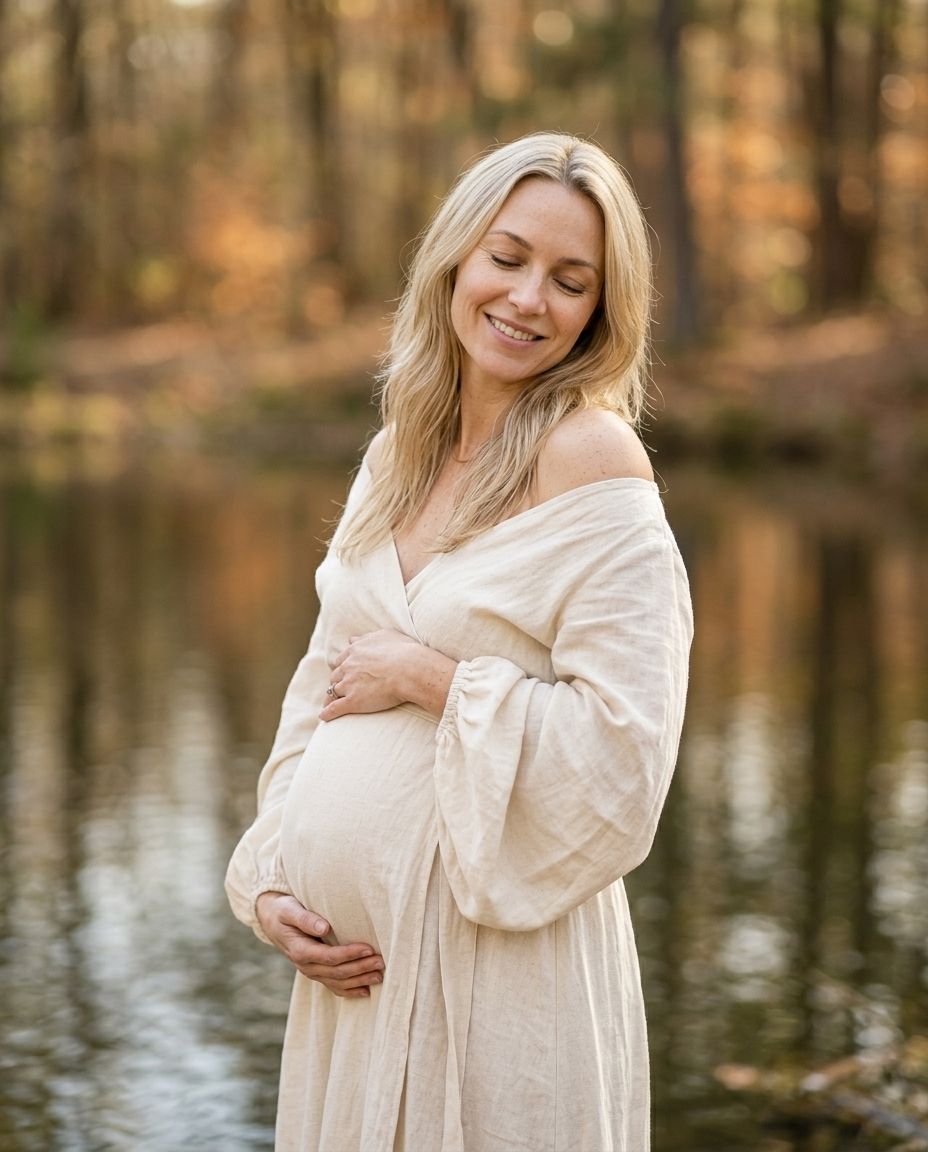 Przyszła mama z zamkniętymi oczami obejmuje brzuszek nad leśnym stawem w jesiennym słońcu