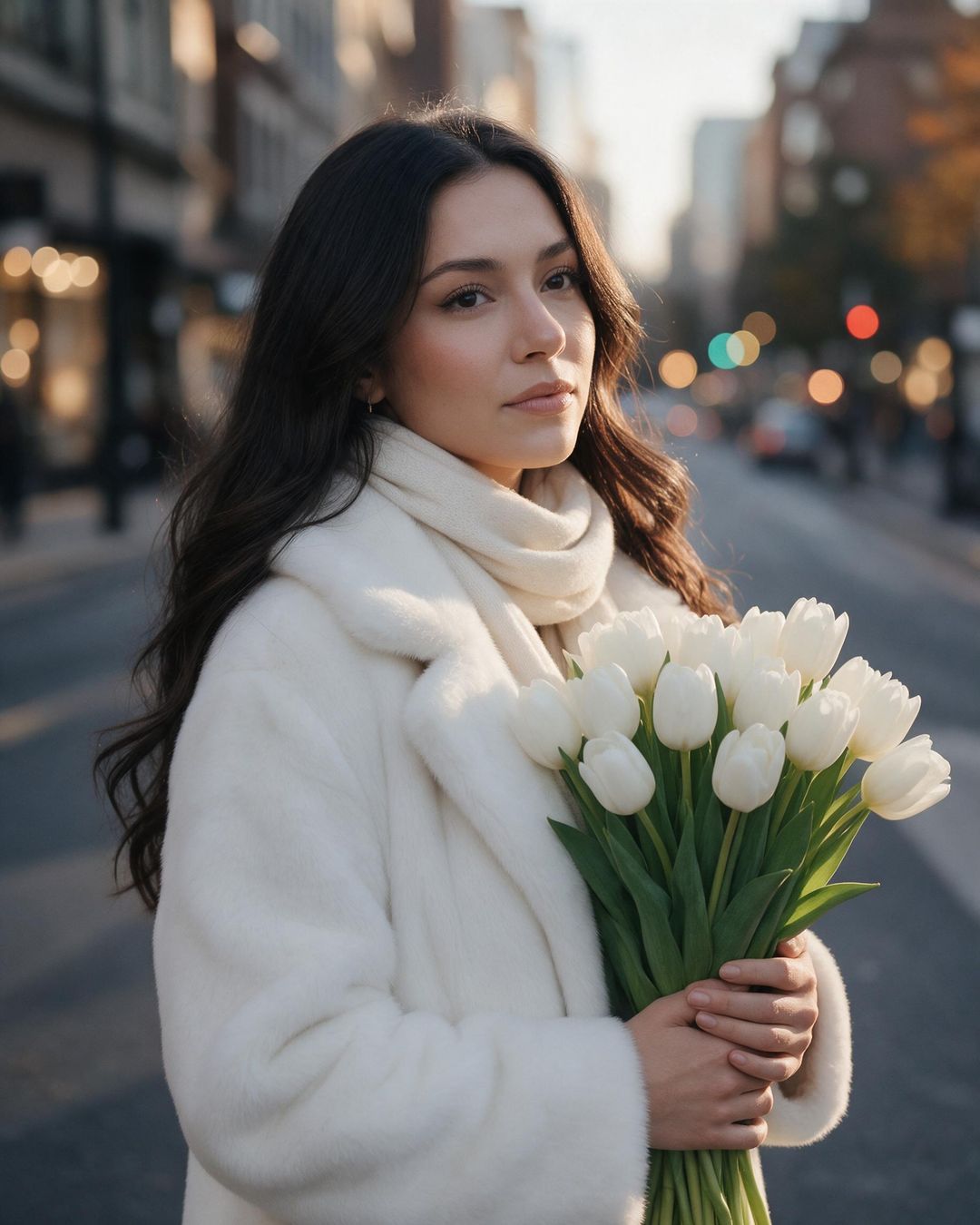 Uśmiechnięta dziewczyna w futrzanym płaszczu trzyma białe tulipany na ulicy miasta w wieczornym bokeh.