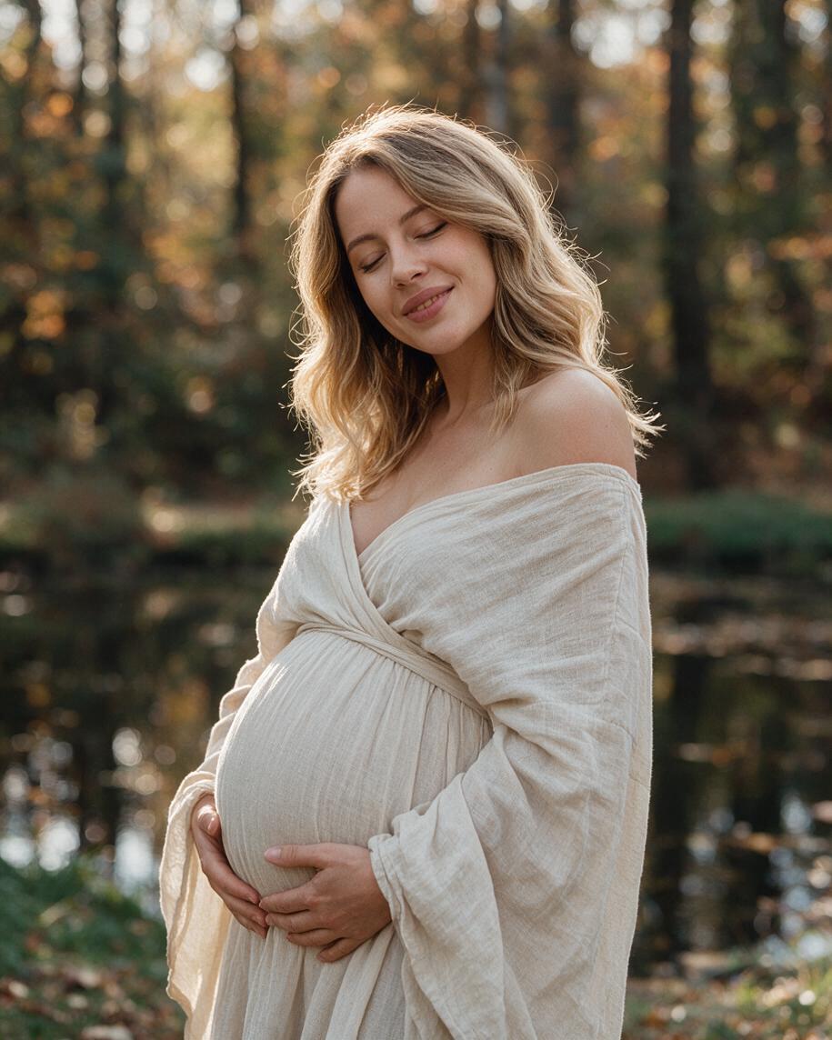 Przyszła mama z zamkniętymi oczami obejmuje brzuszek nad leśnym stawem w jesiennym słońcu