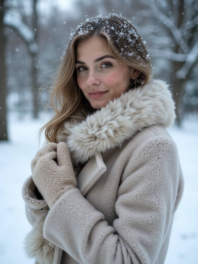 Blondynka w beżowym płaszczu z futrzanym kołnierzem tuli dłonie, a płatki śniegu osiadają na włosach.