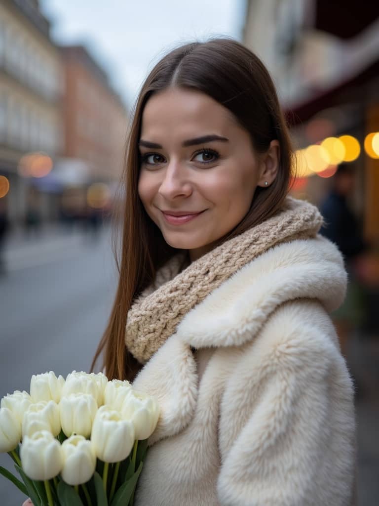 Uśmiechnięta dziewczyna w futrzanym płaszczu trzyma białe tulipany na ulicy miasta w wieczornym bokeh.