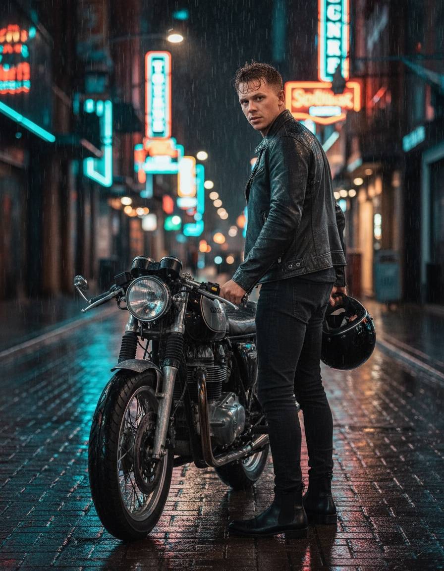Motocyklista z kaskiem w dłoni stoi przy cafe racerze na mokrej ulicy rozświetlonej neonami, nocna sesja zdjęciowa z motocyklem