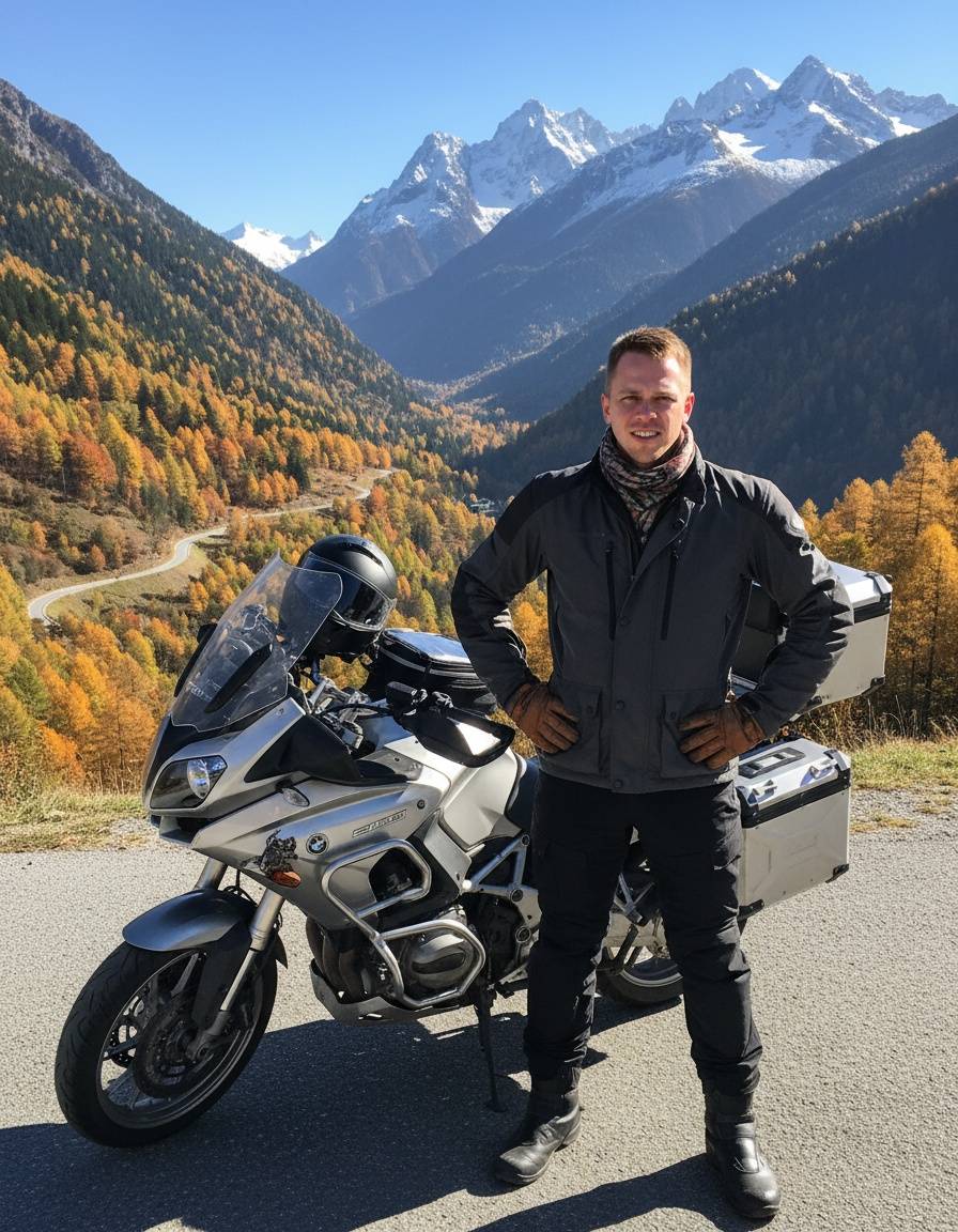 Podróżnik w czarnym stroju turystycznym pozuje z rękami na biodrach przy enduro na tle jesiennych gór, profesjonalna sesja motocyklowa
