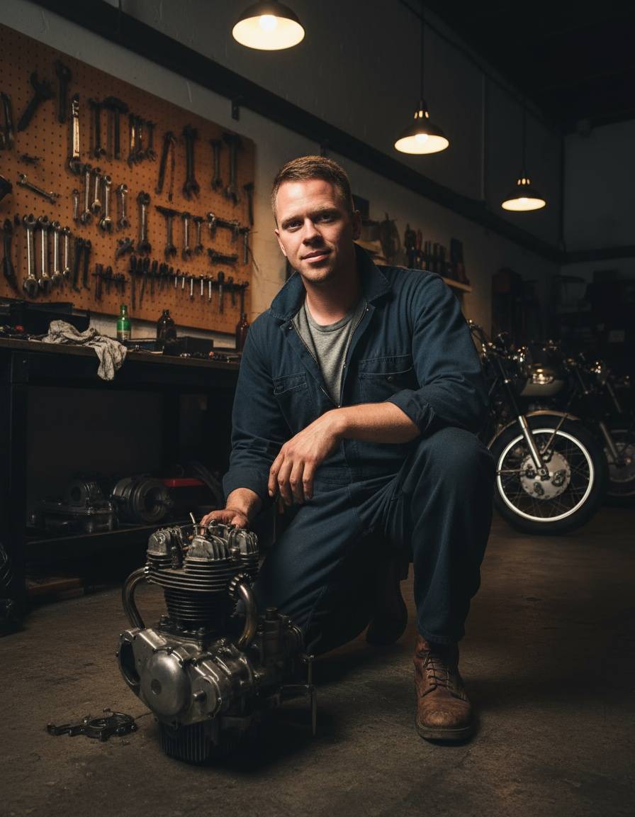 Mechanik w granatowym kombinezonie kuca obok rozłożonego silnika w warsztacie pełnym kluczy, ciepłe światło lamp i klimat garażowej sesji