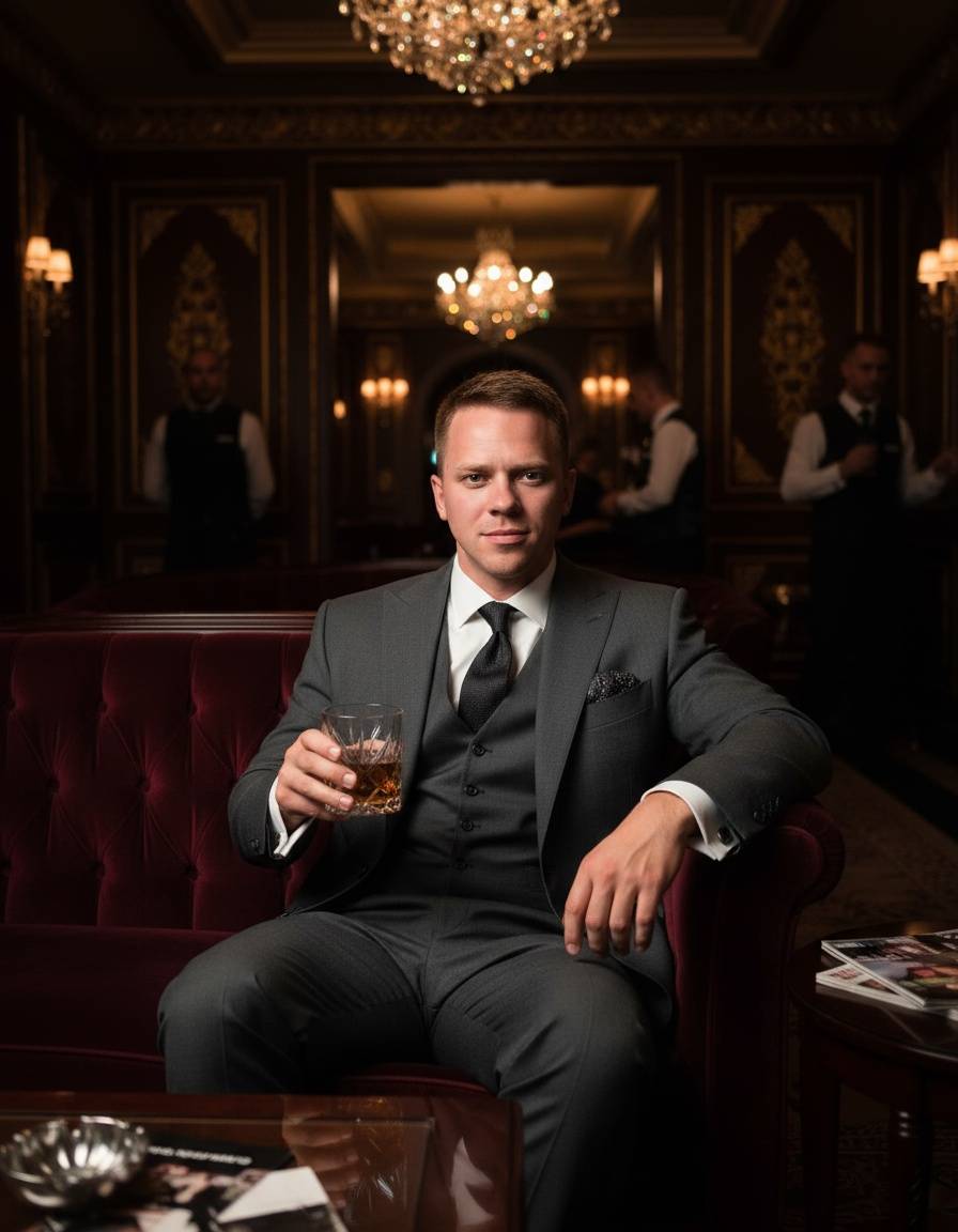 Elegancki mężczyzna ze szklanką whisky odpoczywa na bordowej sofie w luksusowym salonie hotelowym.