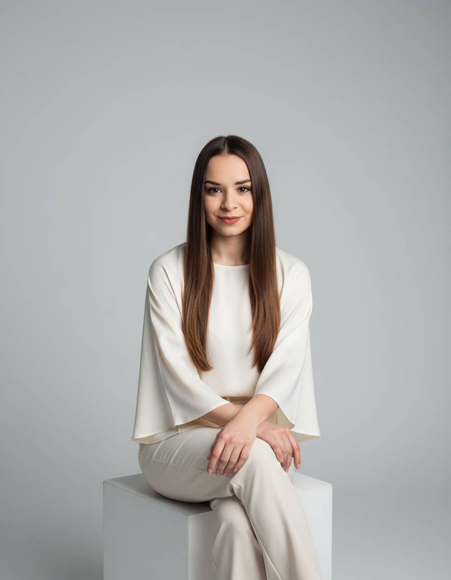 Uśmiechnięta brunetka w kremowym komplecie siedzi na białej kostce w jasnym studio