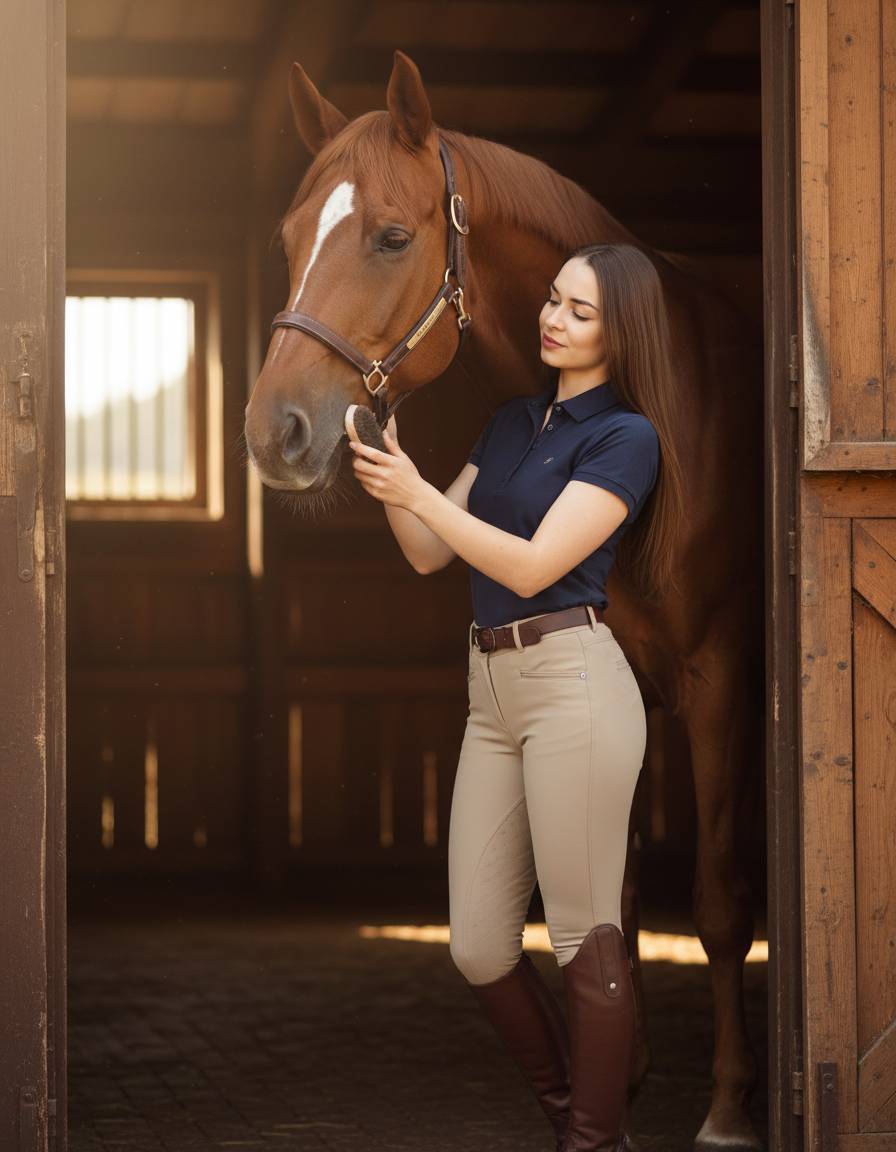 Brunetka w granatowej koszulce polo czyści szczotką pysk konia w drzwiach drewnianej stajni, ciepłe światło buduje nastrój.