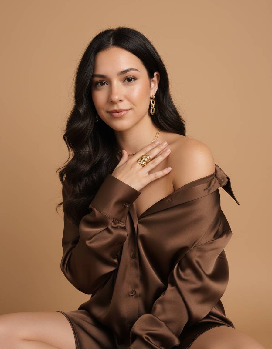 Brunetka w brązowej satynowej koszuli odsłania ramię, złota biżuteria i beżowe tło dodają elegancji sesji fotograficznej akt.