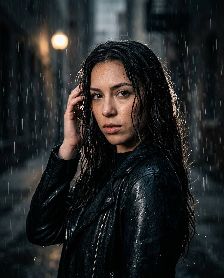 Portret w czarnej skórzanej kurtce w ciemnej uliczce, kropla deszczu podkreśla dramatyczny nastrój sesji plenerowej.