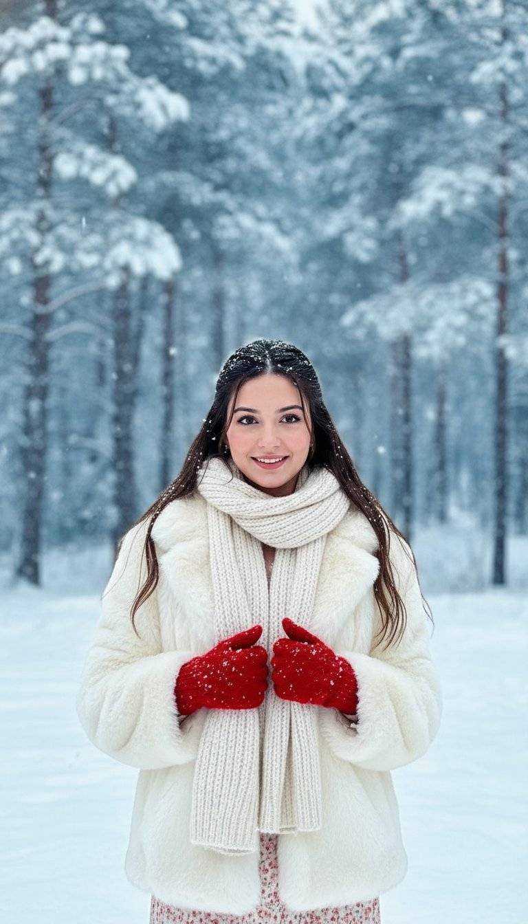 Uśmiechnięta brunetka w białym futerku i czerwonych rękawiczkach pozuje podczas zimowej sesji plenerowej w zaśnieżonym lesie.
