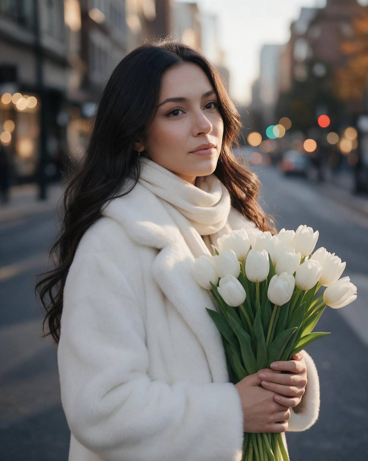 Uśmiechnięta dziewczyna w futrzanym płaszczu trzyma białe tulipany na ulicy miasta w wieczornym bokeh.