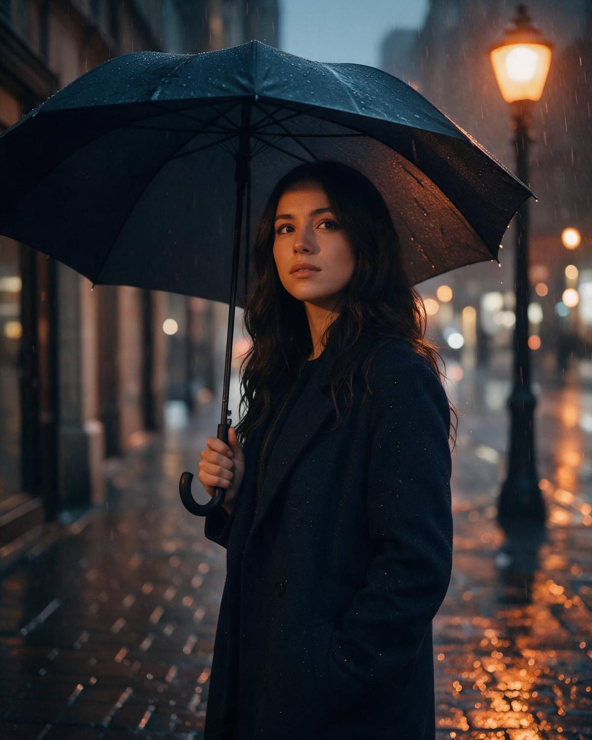 Brunetka z czarnym parasolem stoi na mokrym bruku wśród świateł latarni podczas sesji w deszczu.