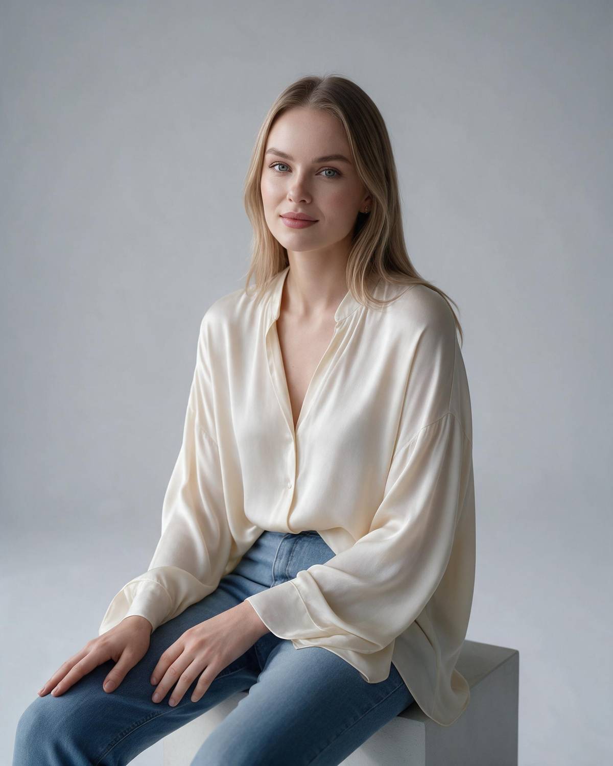 Uśmiechnięta brunetka w kremowym komplecie siedzi na białej kostce w jasnym studio