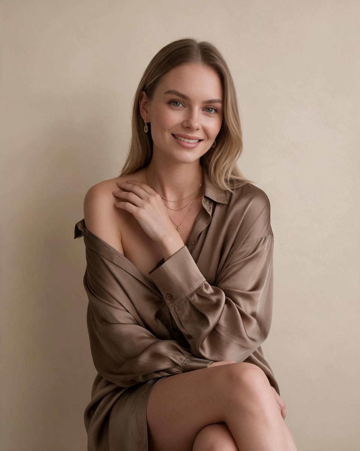 Brunetka w brązowej satynowej koszuli odsłania ramię, złota biżuteria i beżowe tło dodają elegancji sesji fotograficznej akt.