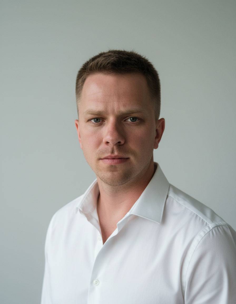 Popiersie mężczyzny w ciemnoszarej marynarce i białym T-shircie na jednolitym szarym tle, klasyczne profesjonalne zdjęcie biznesowe do CV.