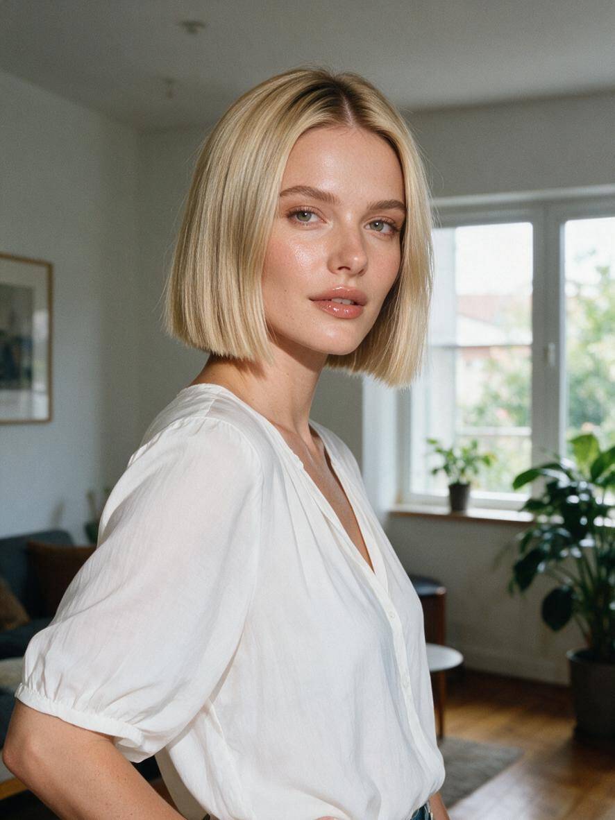 Blondynka z blunt bobem ciętym na tępo w jasnym wnętrzu
