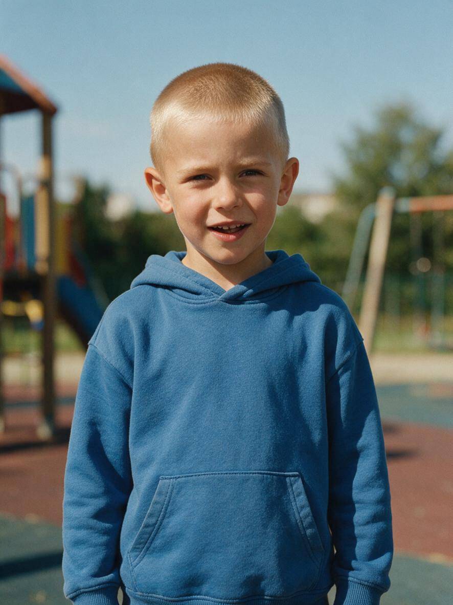 Buzz cut dla chłopca na blond włosach na placu zabaw