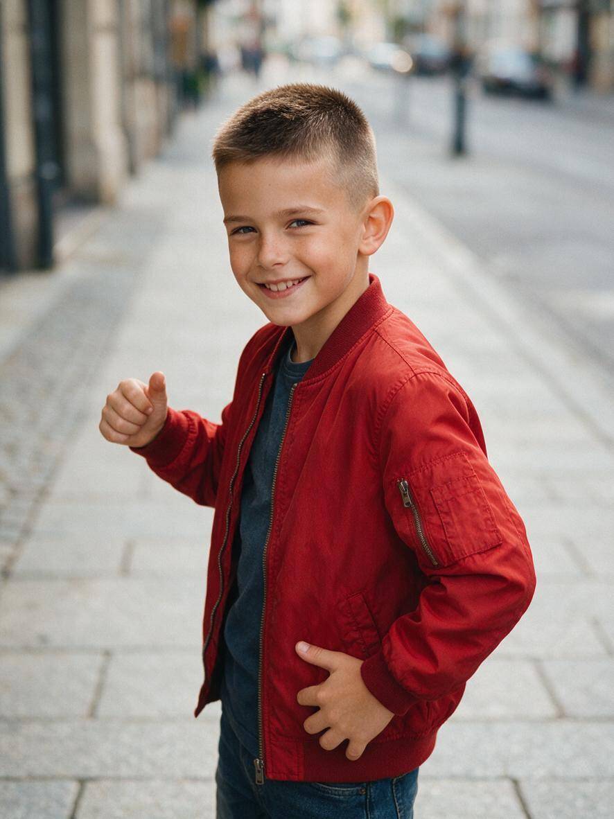 Buzz cut z fade dla chłopca w miejskiej scenerii
