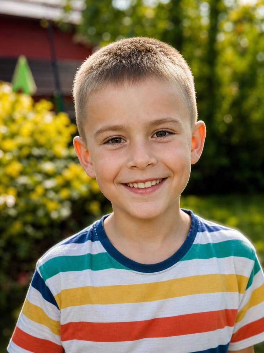 Buzz cut dla chłopca w kolorze jasny brąz w ogrodzie