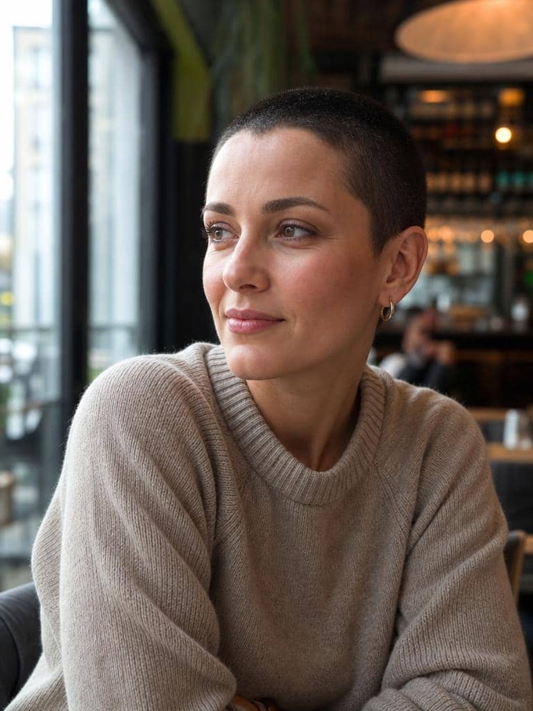 Damski buzz cut w brązowym odcieniu w kawiarni