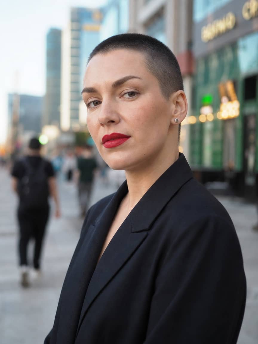 Damski buzz cut na czarnych włosach na tle miasta