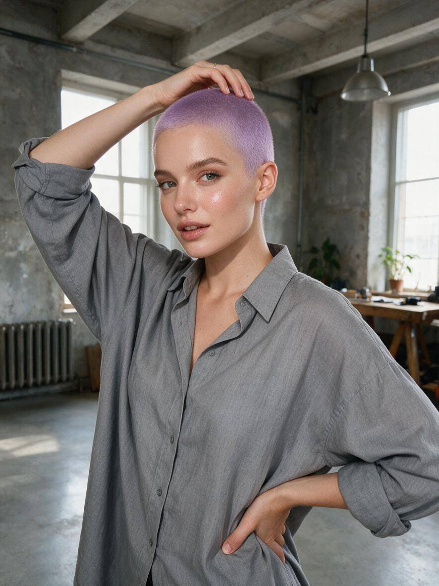 Damski buzz cut w pastelowym odcieniu we wnętrzu loftu