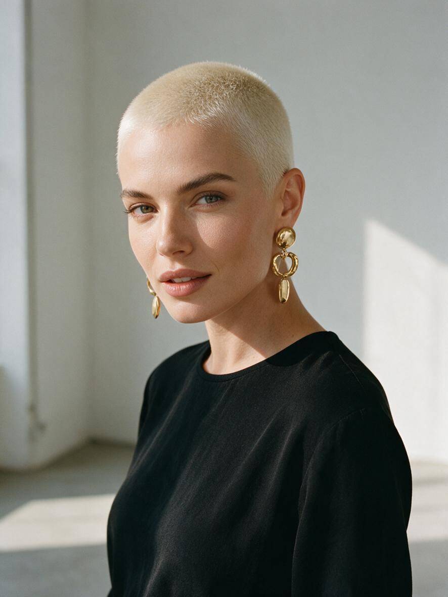 Damski buzz cut w platynowym blondzie w studiu