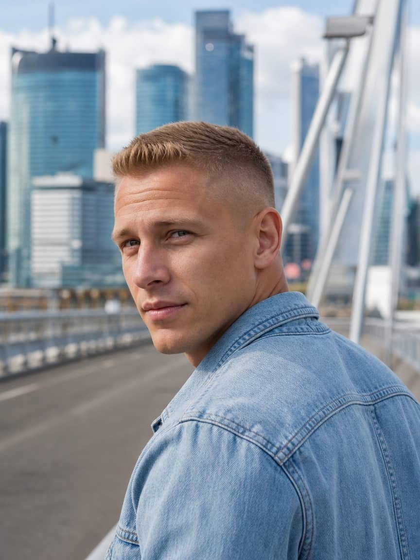 Buzz cut z fade na bokach na blond włosach na tle miasta