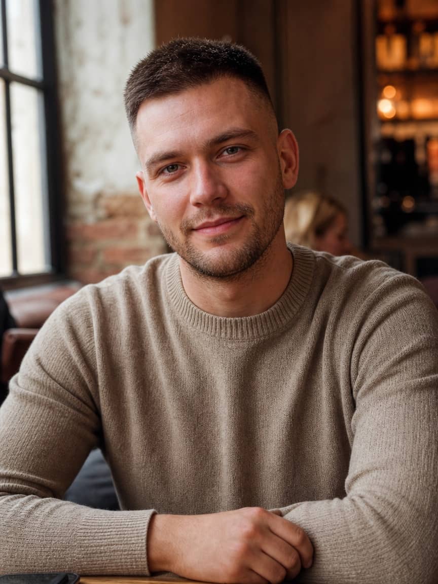 Buzz cut z fade na bokach w brązowym odcieniu w kawiarni
