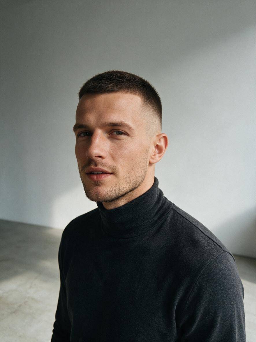 Buzz cut z fade na bokach w kolorze ciemny brąz w studiu