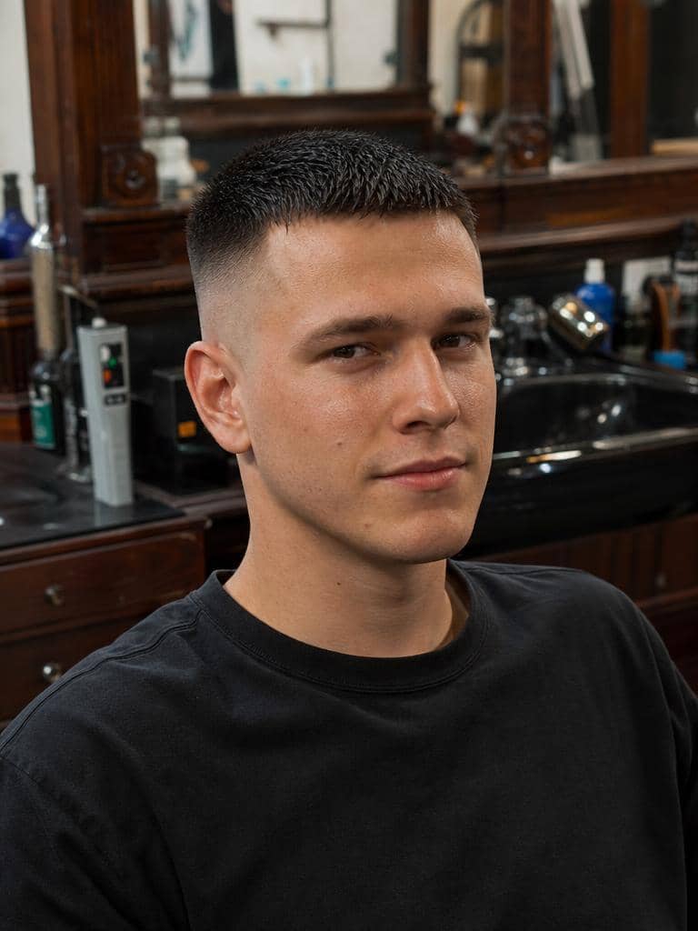 Buzz cut z fade na bokach na czarnych włosach w barbershopie