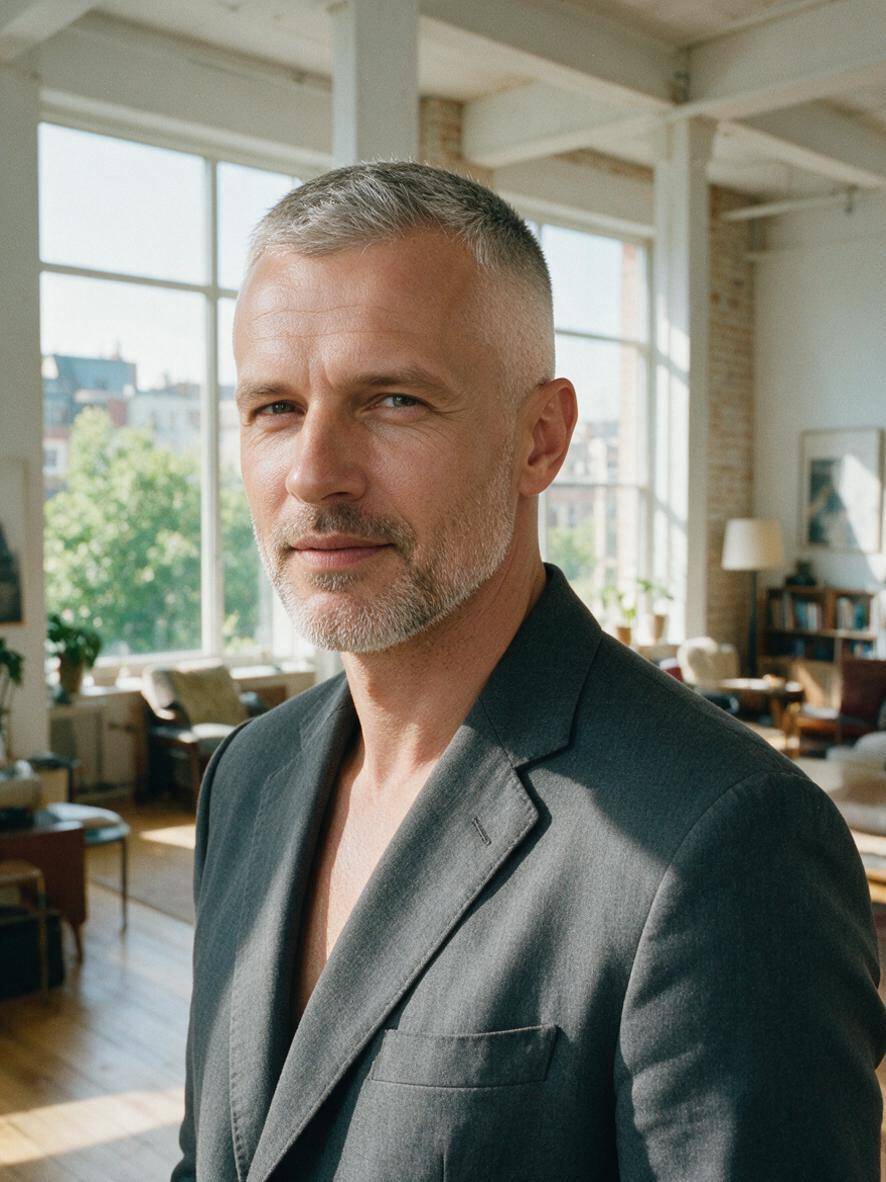 Buzz cut z fade na bokach ze szpakowatymi włosami we wnętrzu loftu