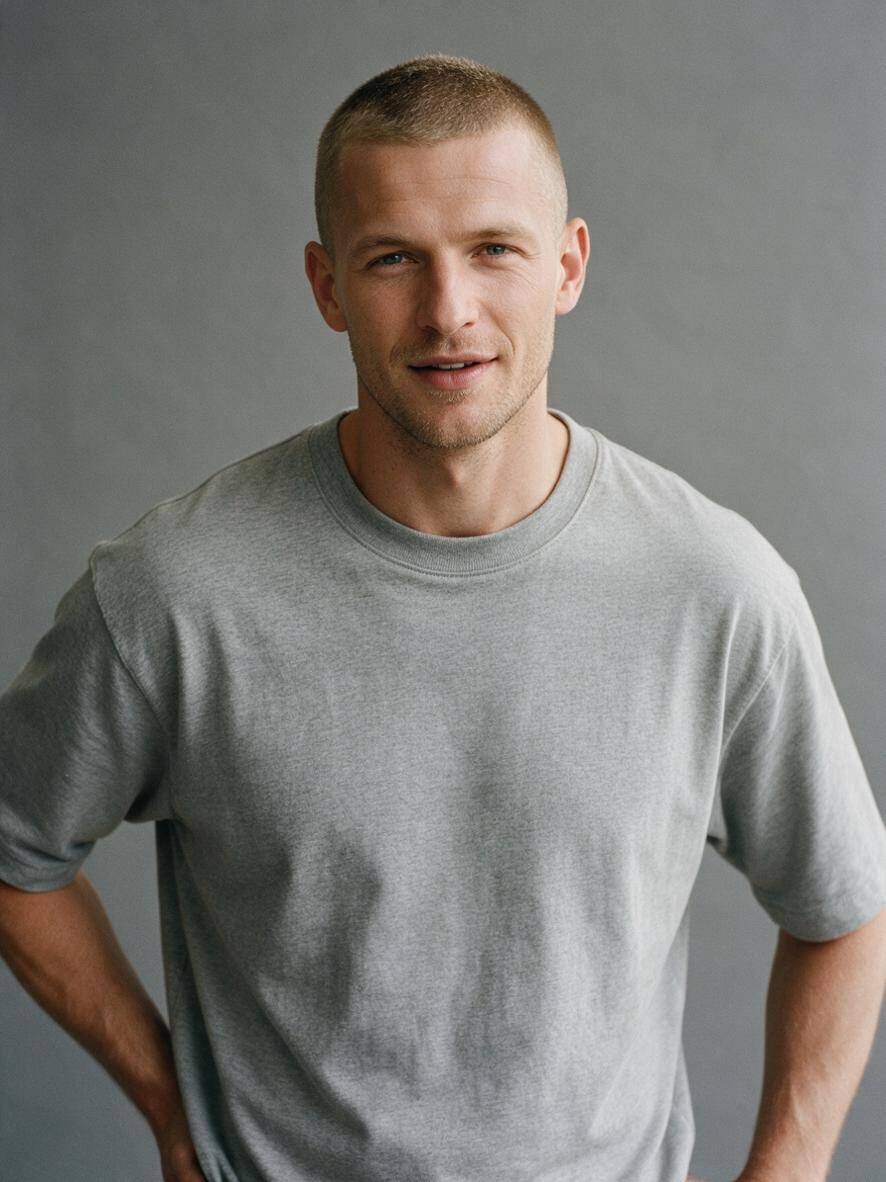 Klasyczny buzz cut w kolorze ciemny blond na mężczyźnie w studiu