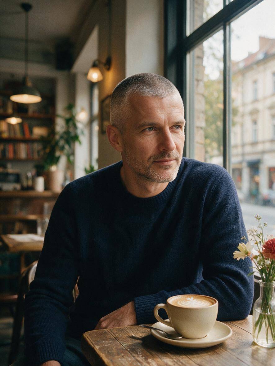 Klasyczny buzz cut ze szpakowatymi włosami w kawiarni