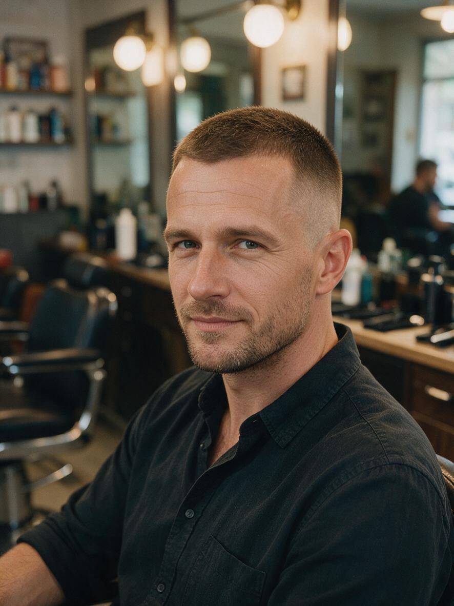 Buzz cut przy zakolach z fade w kolorze brąz w barbershopie
