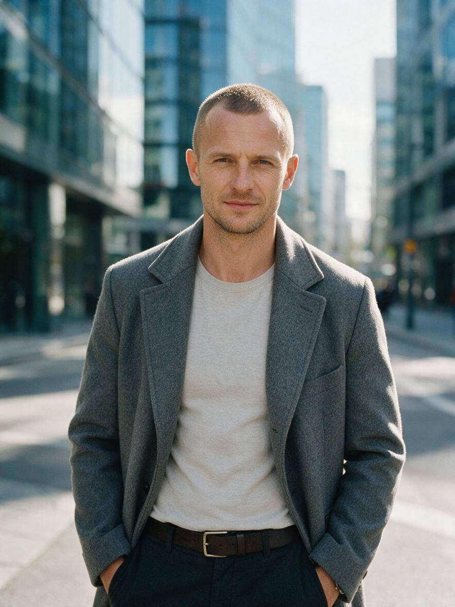 Buzz cut przy zakolach w kolorze ciemny blond na tle miasta