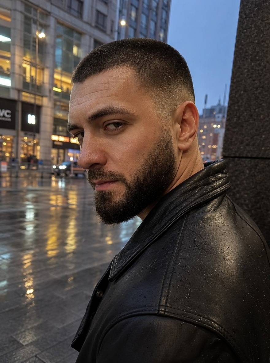 Buzz cut z czarnym zarostem na tle miejskiej ulicy