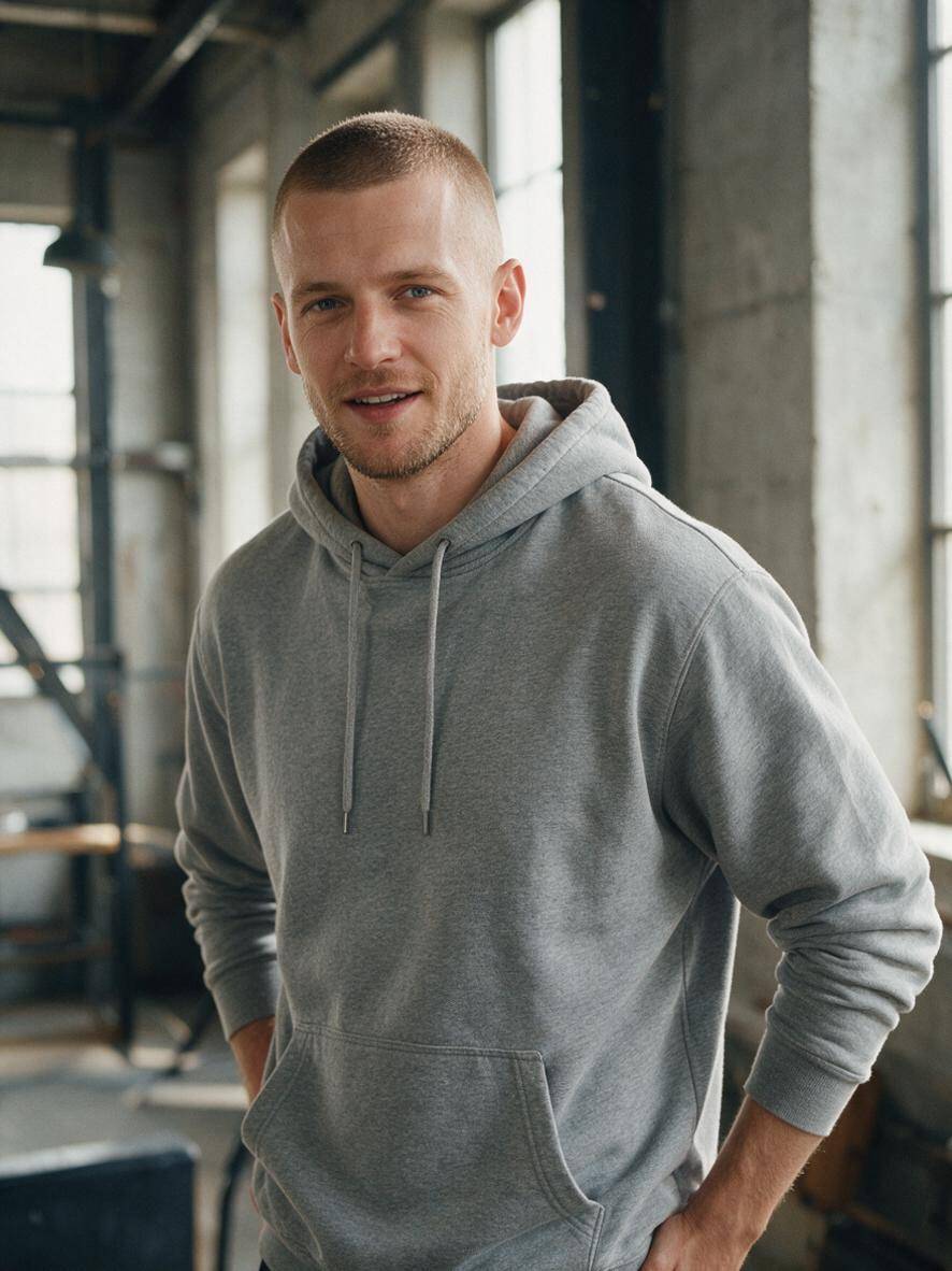Buzz cut z zarostem w kolorze jasny brąz we wnętrzu loftu