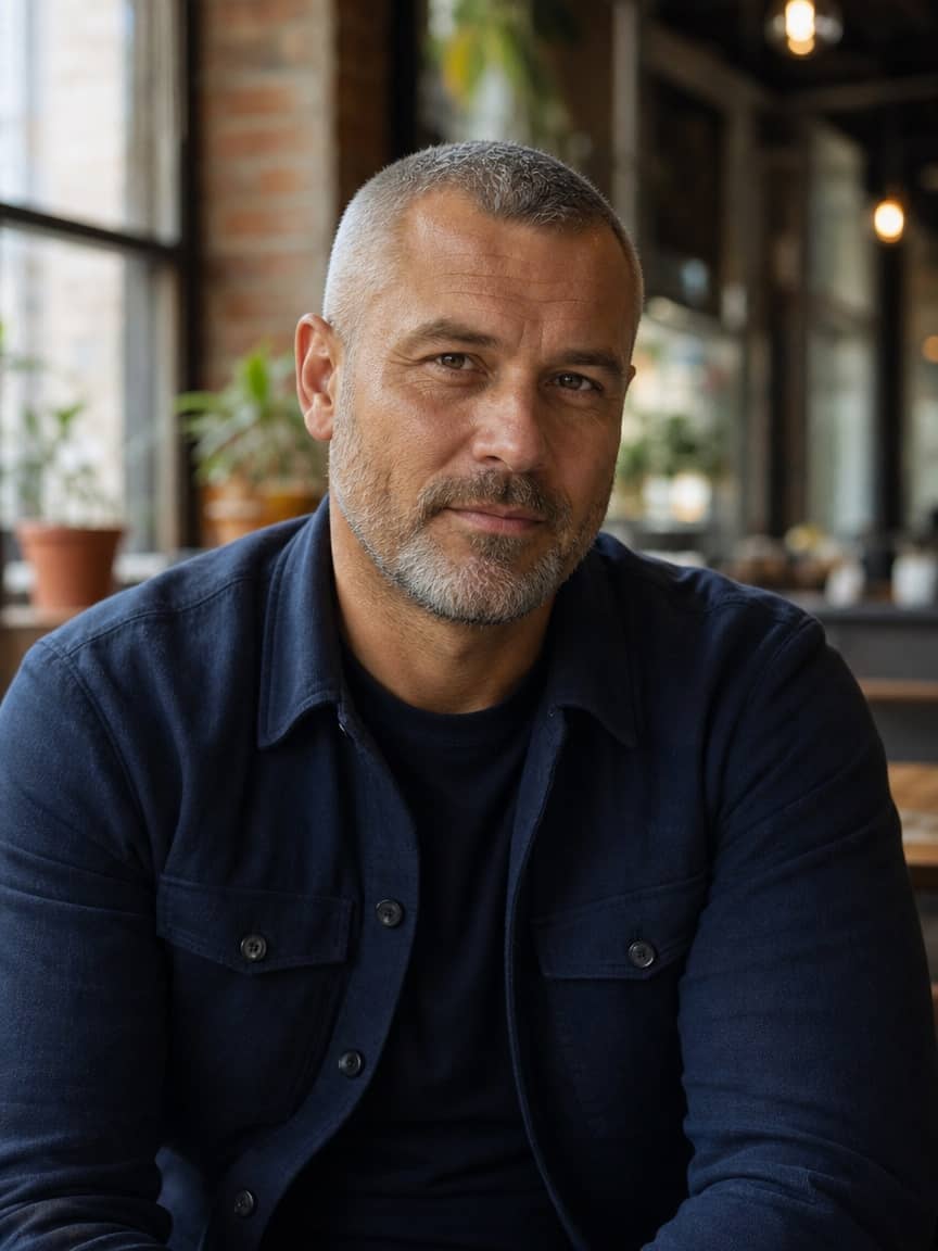 Buzz cut ze szpakowatym zarostem w kawiarni