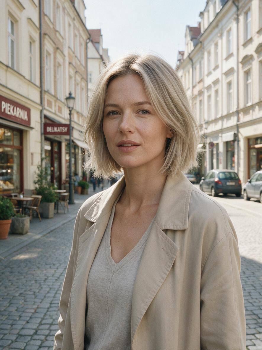 Cieniowany bob w chłodnym blondzie na kobiecie w miejskiej scenerii
