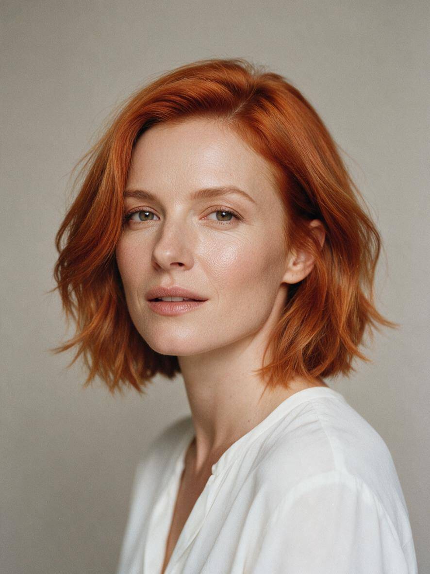 Cieniowany bob w miedzianym kolorze włosów w studio z naturalnym światłem