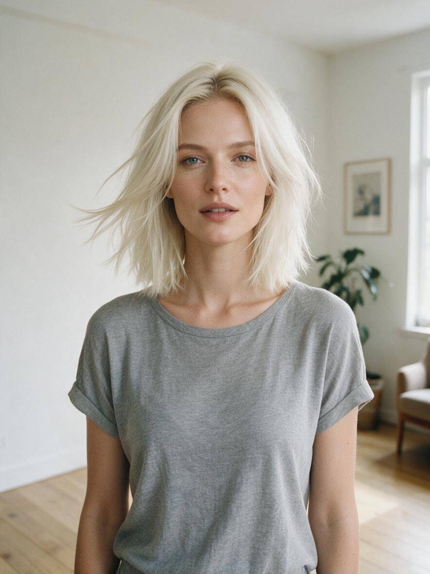 Fryzura cieniowana do ramion w platynowym blondzie w jasnym studio