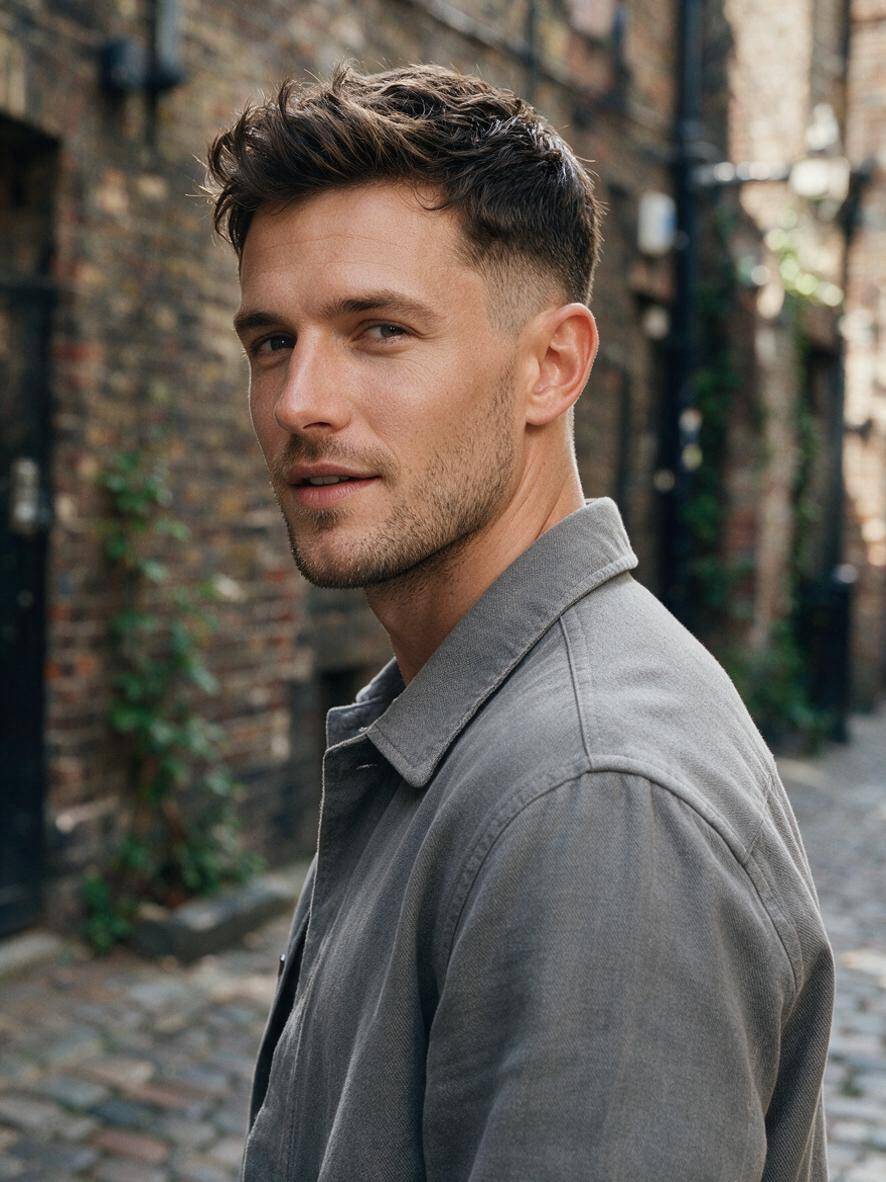 Fryzura crop fade na ciemnobrązowych włosach z drop fade