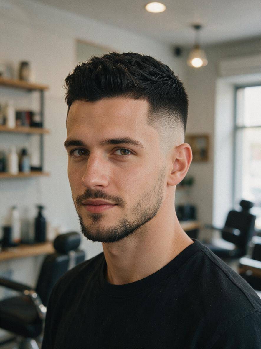 Fryzura crop fade na czarnych włosach ze skin fade