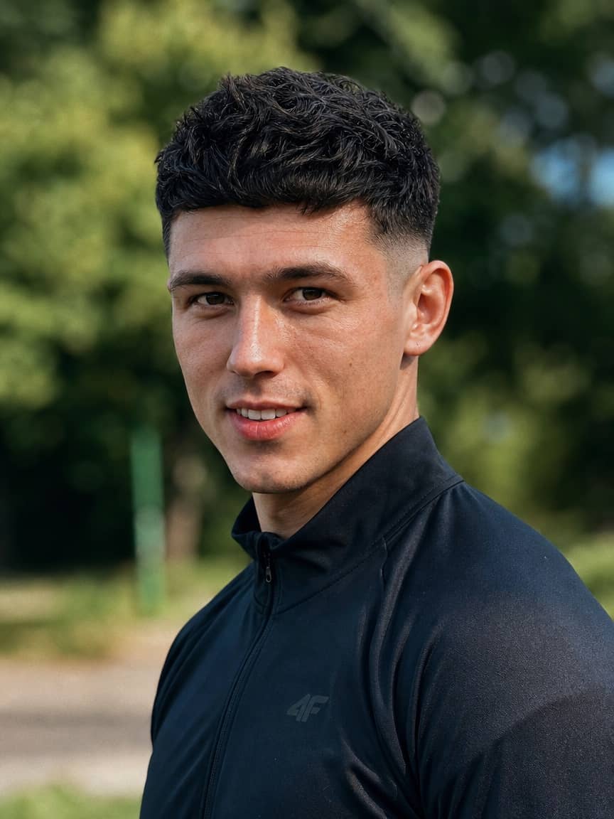 Fryzura crop fade na czarnych włosach z wysokim fade
